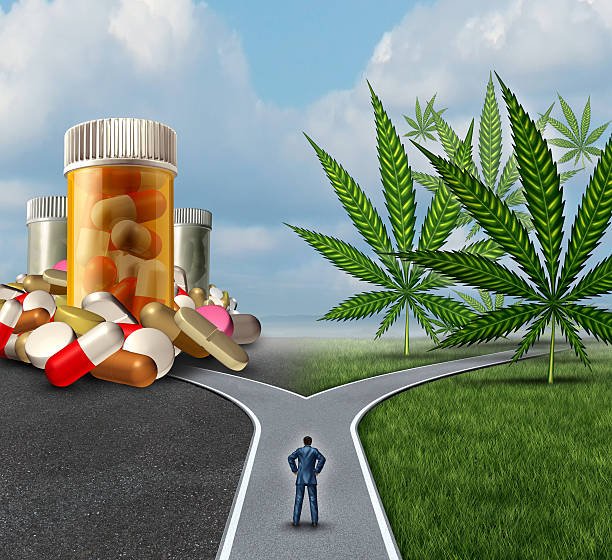 Representação conceitual de cannabis medicinal e tratamento em uma estrada ao pôr do sol.